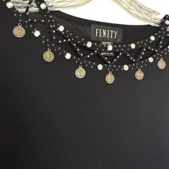 Finity BEADED TOP Cut-Out Neckline Rhinestone Coins BOHO Casual Lightweight Knit - Picture 3 of 12